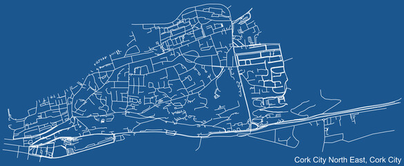 Detailed technical drawing navigation urban street roads map on blue background of the district Cork City North East Electoral Area of the Irish regional capital city of Cork City, Ireland