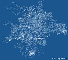 Detailed technical drawing navigation urban street roads map on blue background of Irish regional capital city of Cork City, Ireland