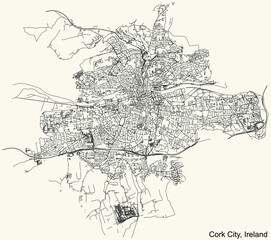 Fototapeta premium Detailed navigation urban street roads map on vintage beige background of the Irish regional capital city of Cork City, Ireland