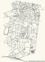 Detailed navigation urban street roads map on vintage beige background of the district Cork City South Central Electoral Area of the Irish regional capital city of Cork City, Ireland