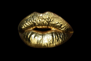 Gold lips, golden lipgloss on sexy lips, metallic mouth. Beauty woman makeup close up.