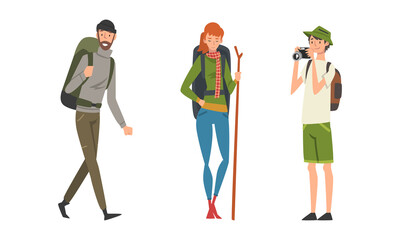 Fototapeta premium Young Man and Woman Traveler with Backpack and Stick Taking Photo with Camera and Hiking Vector Set