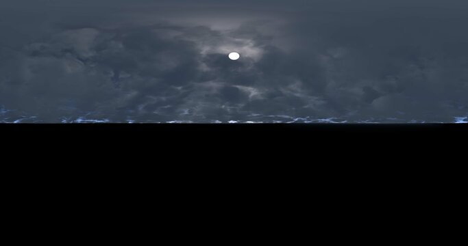 3D rendering. Dark sky with thunderstorm clouds and bright moon. Environment 360 HDRI MAP. Equivalent projection, spherical panorama.