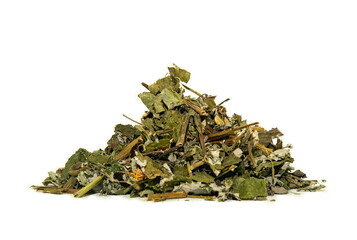 Heap of herbal medicinal tea on white background