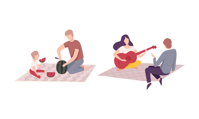 People Character Having Picnic in the Park Sitting on Blanket Eating Watermelon and Playing Guitar Vector Set