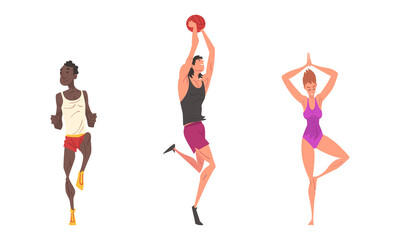 Man and Woman Athlete Playing Basketball and Standing in Yoga Pose Vector Set