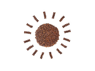 Silhouette of the sun from coffee beans on a white isolated background. Coffee love concept. Design element. Top view, flat lay.
