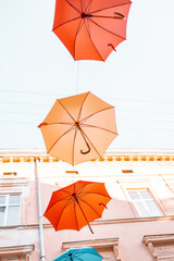 Fototapeta premium Colorfull umbrellas as festival decoration in city centre Lviv.