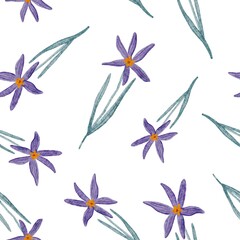 Fototapeta na wymiar Beautiful pattern of purple wildflowers on a white background. Watercolor floral background for your design.