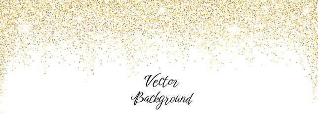 Sparkling falling gold dust on white background. Vector horizontal background with glitter and space for text