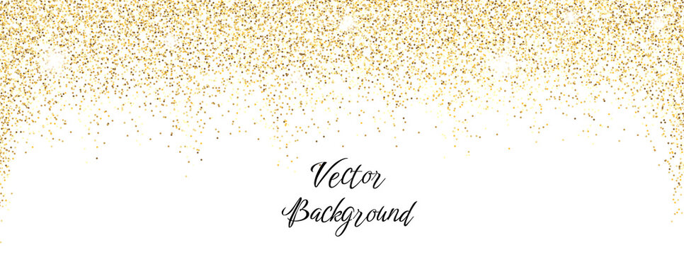 Sparkling falling gold dust on white background. Vector horizontal background with glitter and space for text
