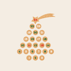 December festive advent calendar Christmas tree shape.Christmas poster countdown printable tags...