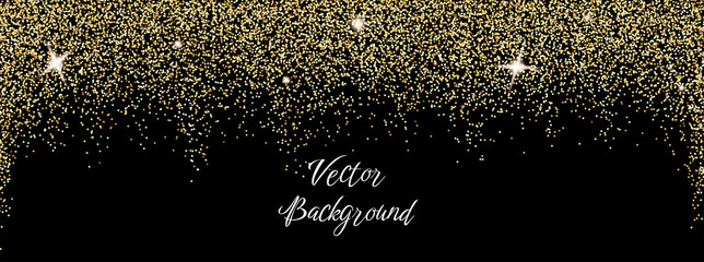 Sparkling falling gold dust on black background. Vector horizontal background with glitter and space for text