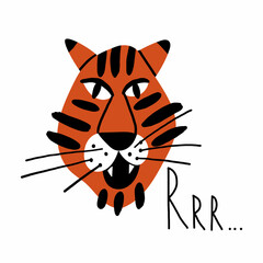 The evil face of a tiger that growls. Cute cartoon roaring Tiger. Funny wild cat with stripes. Hand drawn trendy Vector illustration isolated on a white background. Portrait of tiger open mouth roar.