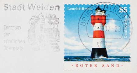 briefmarke stamp vintage retro gestempelt used gebraucht frankiert cancel papier paper leuchtturm lighthouse stadt weiden roter sand 55 see sea