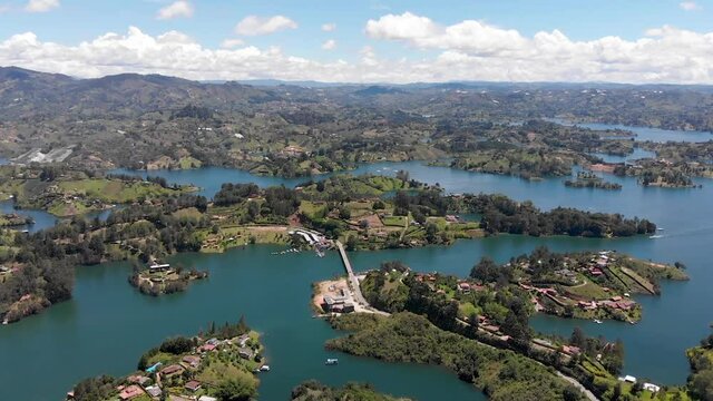 Aerial panoramic view of the hydroelectric reservoir and lakes of El Pe&ntilde;ol de Guatape, in Medellin, Colombia.	