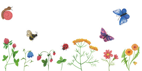 Beautiful floral pattern with watercolor hand drawn field wild flowers, butterfly,
snail, ladybug and bee. Plants for invitations design, cards, textiles, decor.