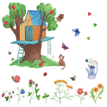 Cute children's treehouse with watercolor hand drawn field wild flowers. Stock illustration. Poster with cartoon style tree house.