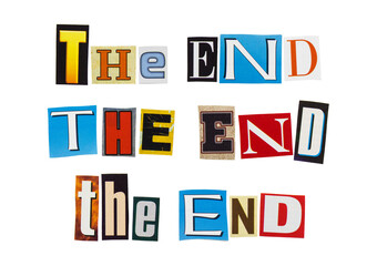 THE END - phrase from cutting magazine clippings isolated on white background. Ending and finishing concept.
