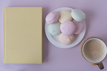 View from above. Book, sweets, cocoa. Cozy picture. Place for text on the book. Pastel shades. Interesting book and delicious food