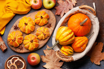 Pumpkin muffins and various pumpkins