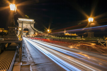 Budapest Chain bridge road by night