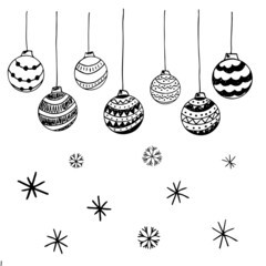 Set of vector doodle Black and white Christmas hand drawn balls.