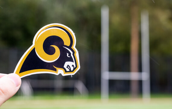 September 16, 2021, Los Angeles, California. Emblem of a professional American football team Los Angeles Rams based in the Los Angeles metropolitan area at the sports stadium.