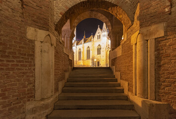 Open Jesuit staircase passage at Fisherman's Bastion by night