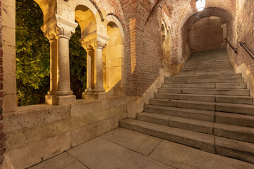 Open Jesuit staircase passage at Fisherman's Bastion by night