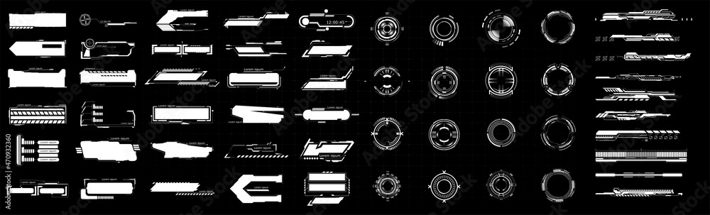 Poster HUD set frames. Futuristic modern user interface elements, control panel. Hud interface icons vector illustration set. Circle and rectangular shape borders. High tech screen for video game.