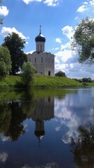 Obraz premium Ancient historical building of orthodox church cathedral in Russia, Ukraine, Belorus, Slavic people faith and beleifs in Christianity Bogolyubovo Vladimir