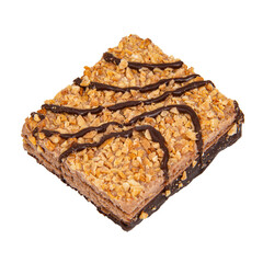 Tasty wafer with dropped nuts and chocolate isolated on the white background