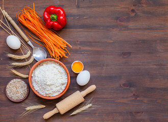 Colored Raw Vegetable Vegetarian Pasta with Paprika. Top view. Frame. Ingredient for Prepare.