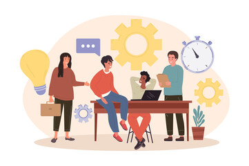 Young men and women at brainstorming meeting and discussion of project. Concept of teamwork and discussion to produce ideas or solve problems with business people. Flat cartoon vector illustration