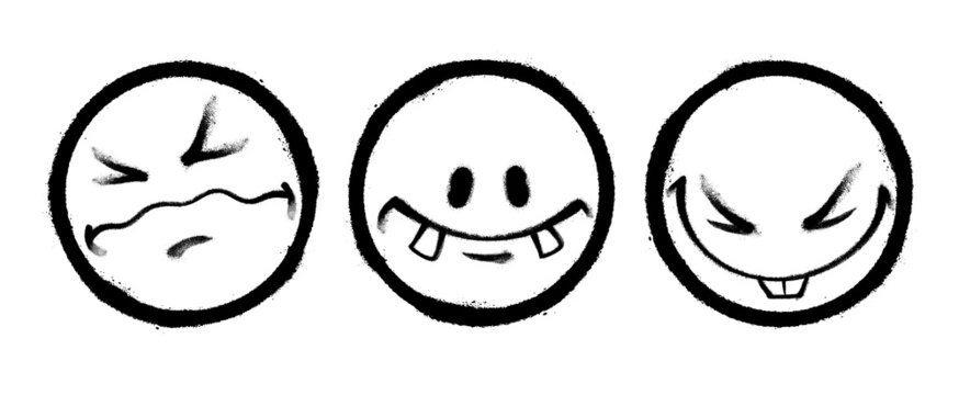 Three graffiti emoticons. Smiling face painted spray paint. Vector illustration on white background