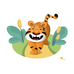 A cute cartoon tiger walks along the path and growls. Vector illustration isolated on white background.
