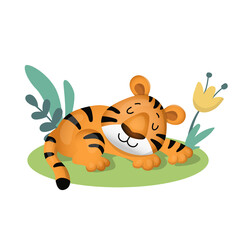 A cute cartoon tiger sleeps in a meadow with flowers. Vector illustration isolated on white background