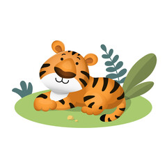 Obraz na płótnie Canvas A cute cartoon tiger lies in a meadow with flowers. Vector illustration isolated on white background