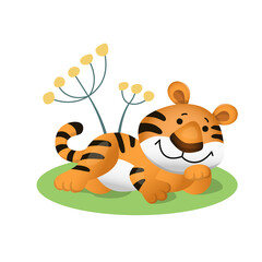Obraz na płótnie Canvas Cute cartoon tiger lies with its head on its paw. Vector illustration isolated on white background