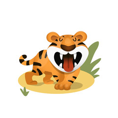 Cute cartoon tiger opens its mouth wide and angry growls. Vector illustration isolated on white background