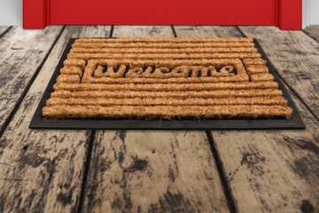 Cozy Coir Doormat on wooden floor in front of the door. Product mockup