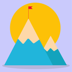Mountains. A red flag on the top of the mountain. The image is made in a flat style. Vector illustration. A series of business icons.