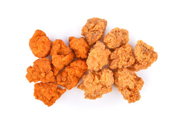Fried popcorn chicken isolated on white background. Top view