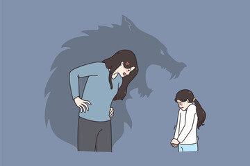 Home harassment and fears concept. Angry furious woman mother standing and shouting at afraid terrified daughter girl seeing her as huge wolf vector illustration 