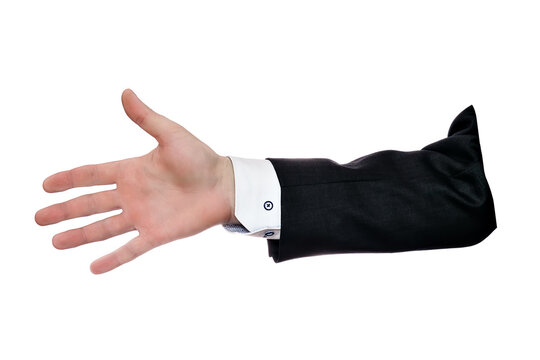 Part of businessman's hand in shirt and classic suit. Handsshake of business person. Open male brush. Isolated object on white background. Concept. Greeting or closing deal.