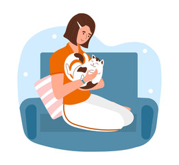 Cheerful preschool girl is holding and petting a cat. Smiling kid, holding adorable pet kitten. Children with cat. Childhood domestic animal kitty. Flat cartoon vector illustration