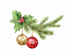 Watercolor branch with Christmas balls and fir branches.