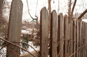 Fototapeta premium a hole for passage in an old fence in winter close-up