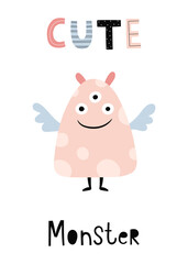Cute pink monster with wings. A nursery poster with a funny character. Vector illustration for greeting card, invitation, children's room design, T-shirt print